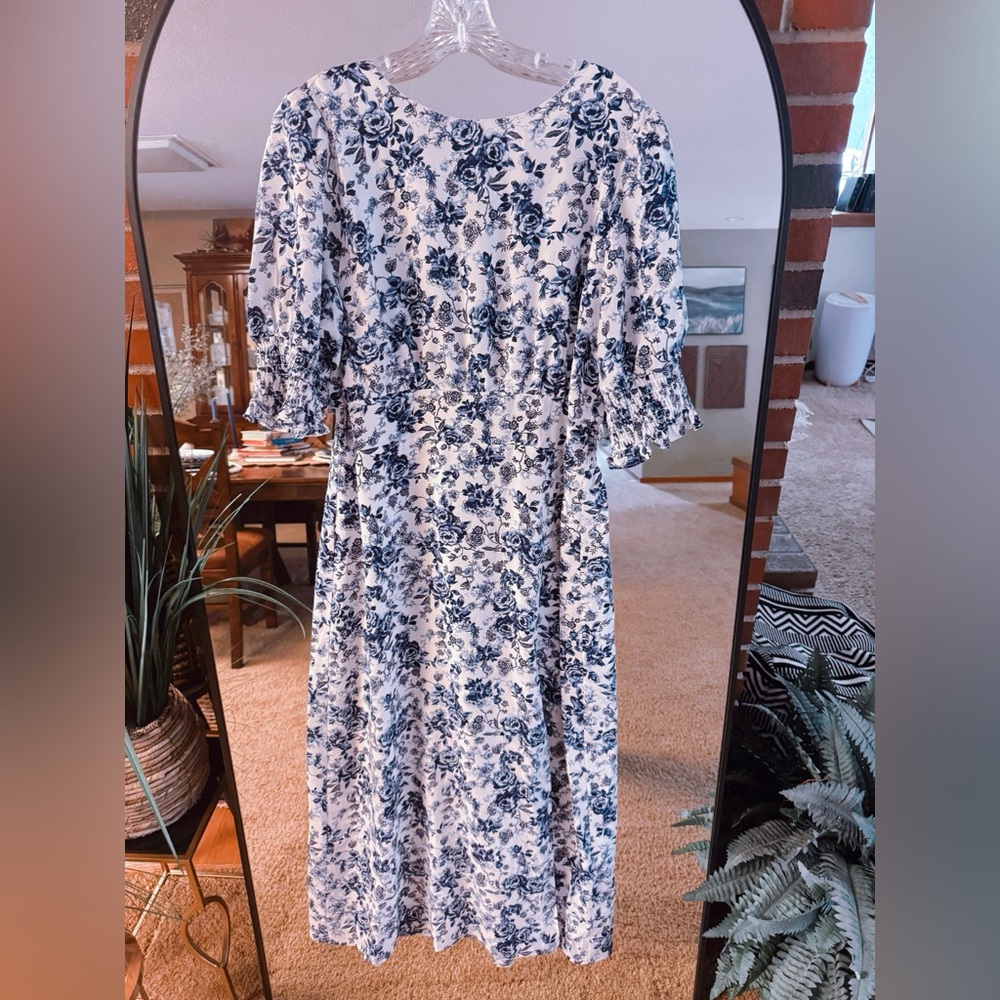 Baltic Born Blue and White Puff Sleeve Midi Dress